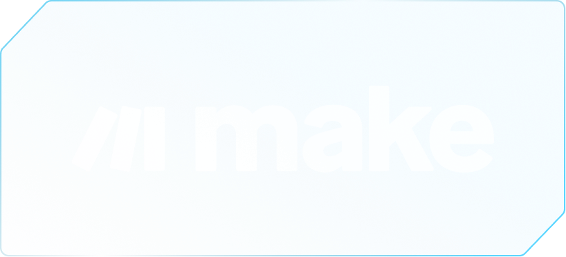 Blue rounded rectangle with the white text 'make' preceded by a stylized triple forward slash symbol.