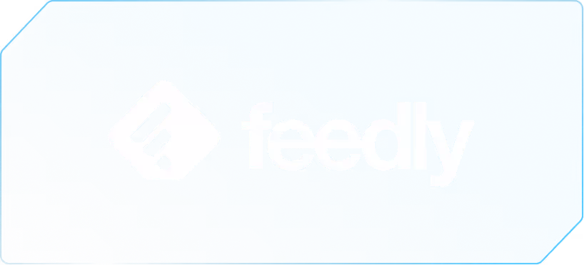 Feedly logo with white symbol and text on a blue rounded rectangle background.