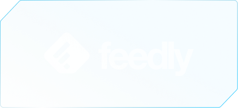 Feedly logo with white symbol and text on a blue rounded rectangle background.