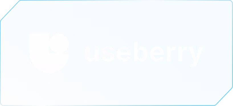 Useberry logo with white geometric design and text on a blue gradient background.