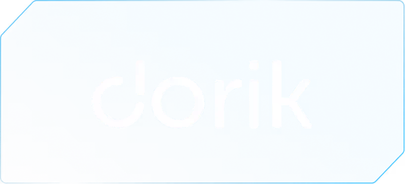 Blue rectangular button with stylized white text reading 'dorik', where the letter 'd' is designed with an exclamation mark integrated.