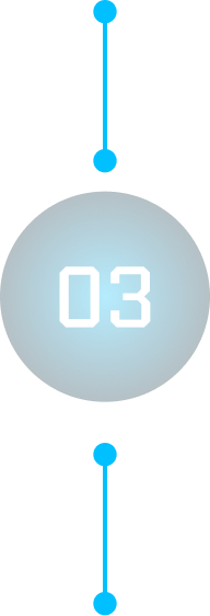 Vertical timeline marker with a glowing blue circle labeled '03' connected by lines to smaller blue circles above and below.