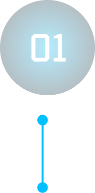 Blue circular icon with white number 01 above a vertical line with two blue dots at each end.
