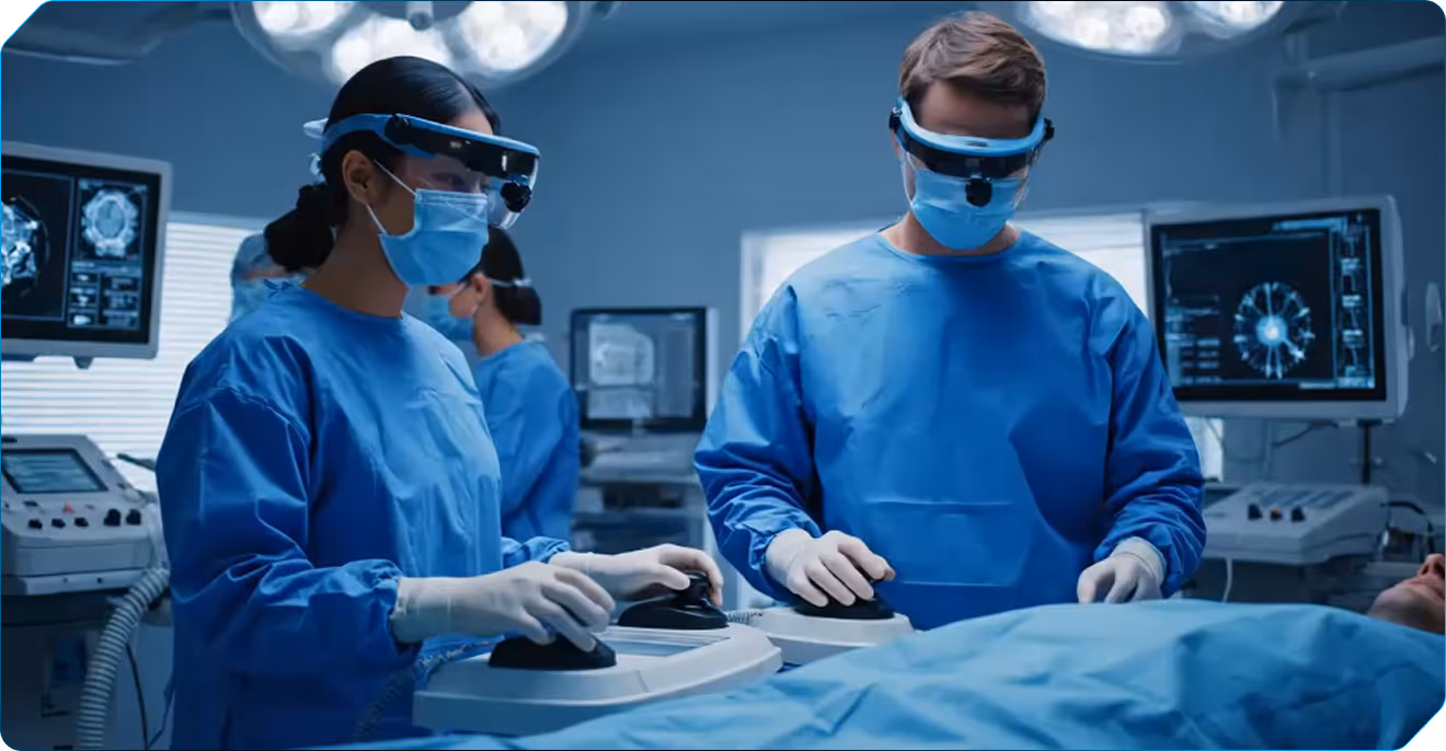 Two surgeons wearing surgical masks and blue scrubs use advanced medical devices while performing surgery in an operating room with brain scan monitors.