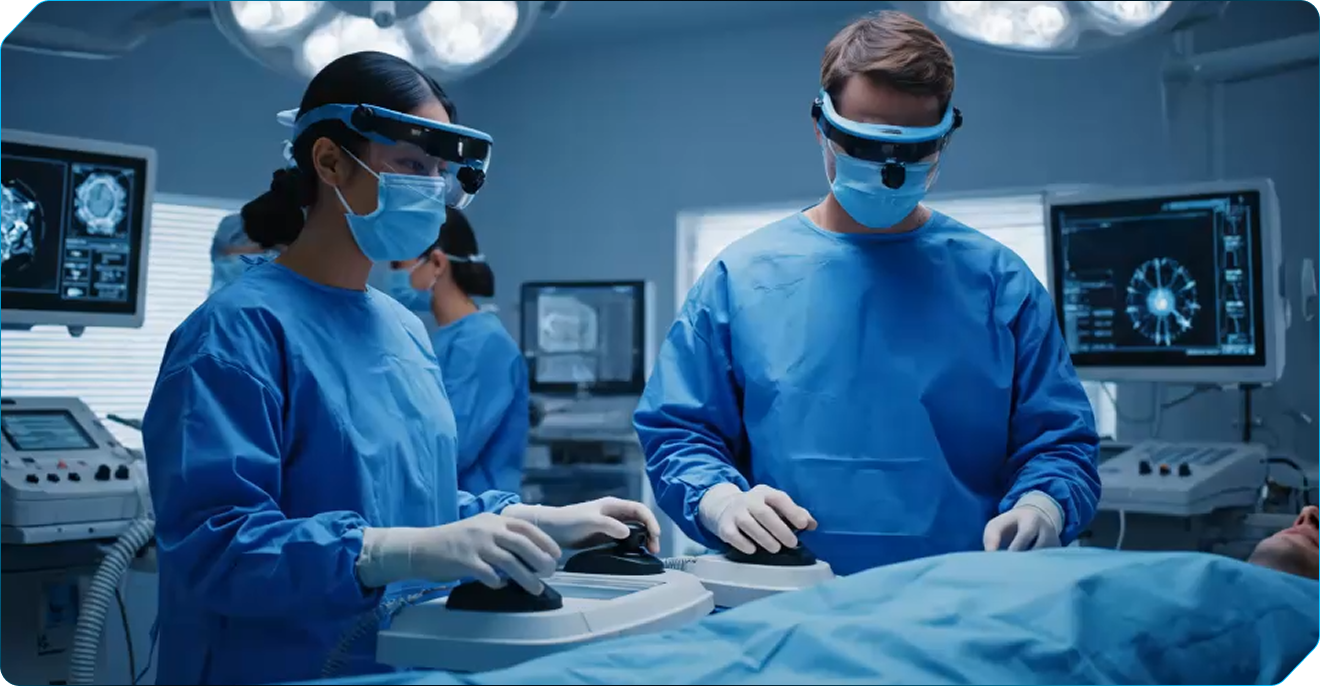 Two surgeons wearing surgical masks and blue scrubs use advanced medical devices while performing surgery in an operating room with brain scan monitors.