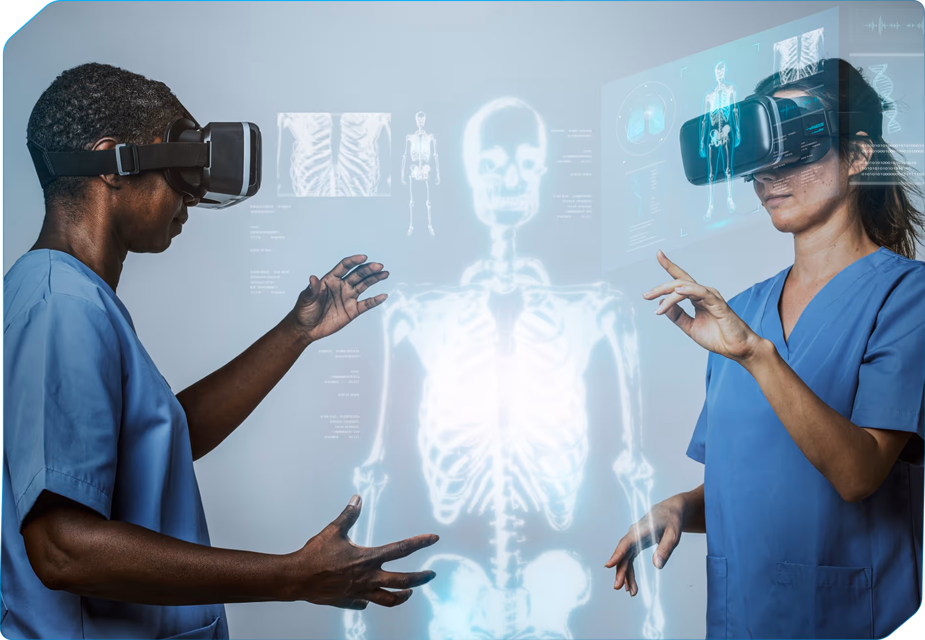 Two medical professionals wearing virtual reality headsets interacting with a large holographic skeleton and medical images.