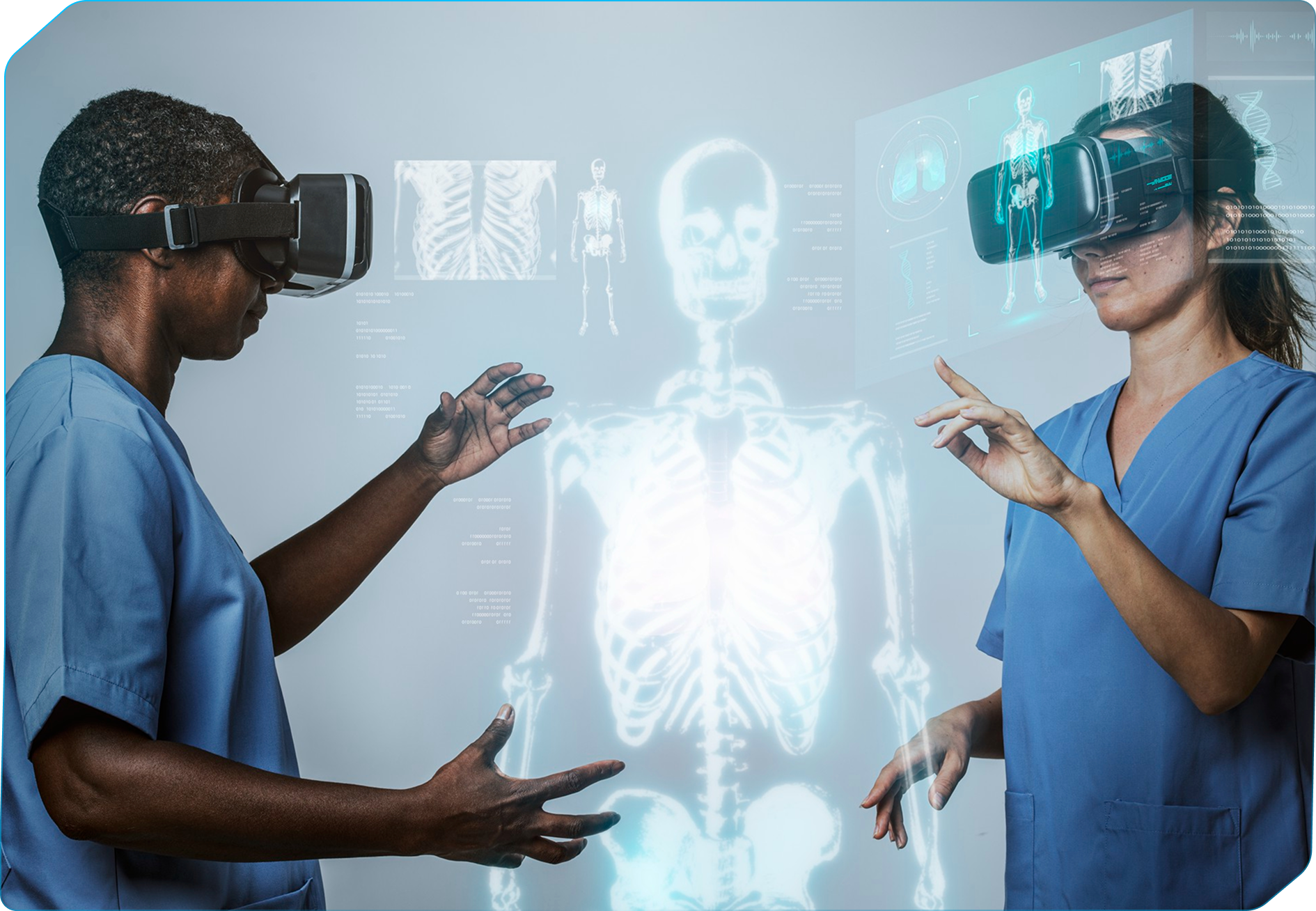 Two medical professionals wearing virtual reality headsets interacting with a large holographic skeleton and medical images.