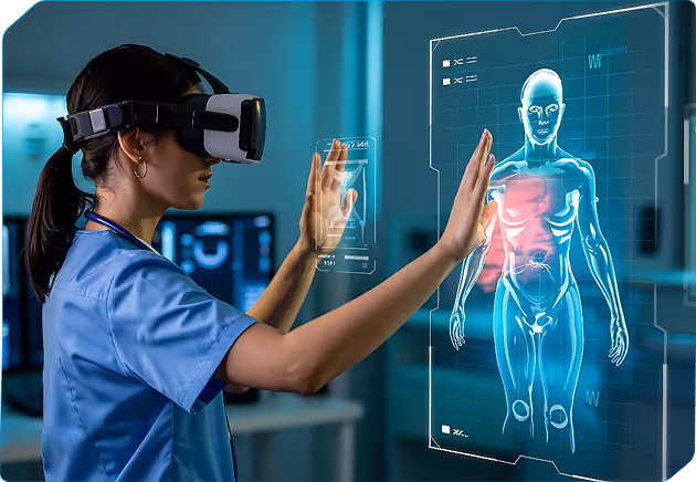 Healthcare professional using virtual reality headset to interact with a digital hologram of a human body highlighting the chest area.