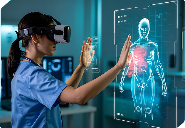 Healthcare professional using virtual reality headset to interact with a digital hologram of a human body highlighting the chest area.