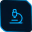 Icon of a microscope with a teal outline on a dark blue rounded square background.
