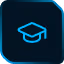 White graduation cap icon inside a blue rounded square.