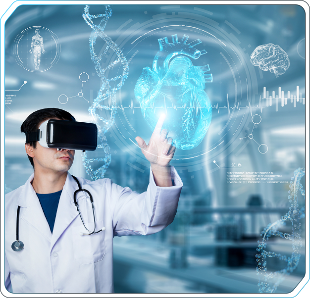 Doctor wearing virtual reality headset interacting with a holographic heart and DNA strands in a futuristic medical setting.