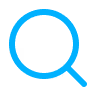 Blue magnifying glass search icon on white background.