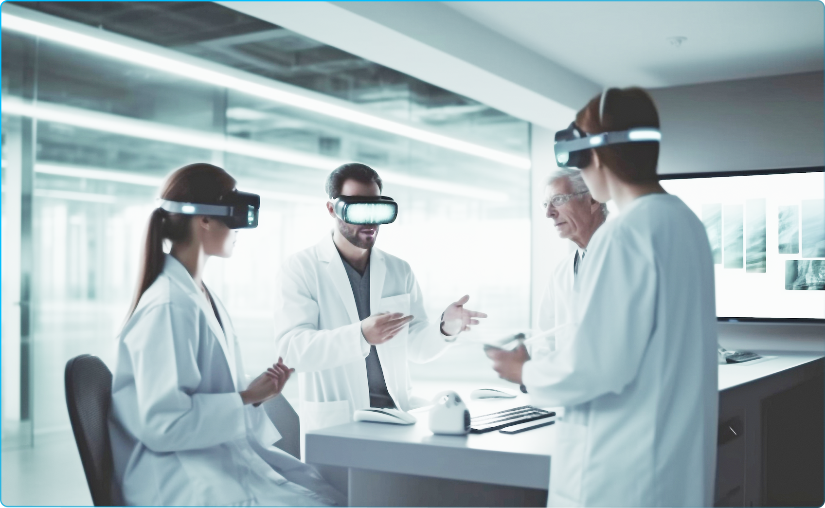 Group of doctors wearing VR headsets in a high-tech medical office discussing virtual medical data.