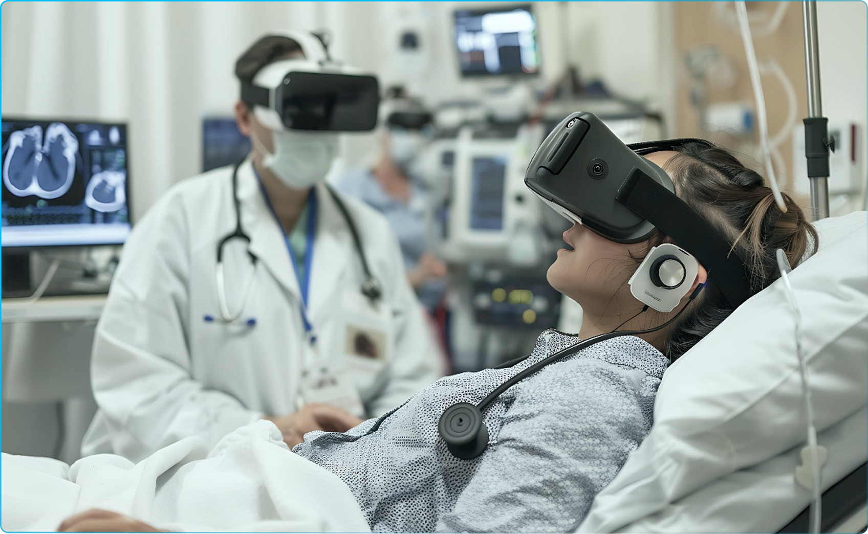 Patient lying in hospital bed wearing a virtual reality headset and earphones with a doctor in a white coat and mask observing in the background.
