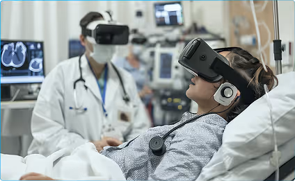 Patient lying in hospital bed wearing a virtual reality headset with a doctor standing nearby.