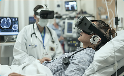 Patient lying in hospital bed wearing a virtual reality headset with a doctor standing nearby.