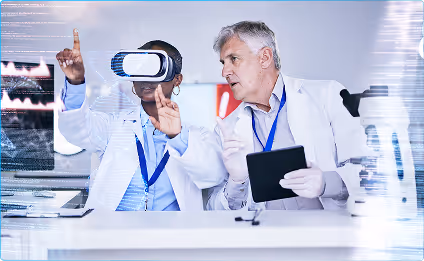 Two doctors in lab coats using virtual reality headset and tablet in a modern medical setting.