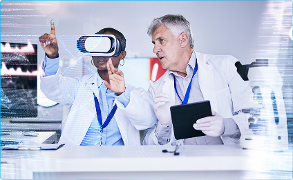 Two doctors in lab coats using virtual reality headset and tablet in a modern medical setting.