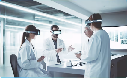 Four medical professionals wearing white lab coats using virtual reality headsets around a laboratory table.