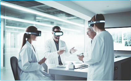 Four medical professionals wearing white lab coats using virtual reality headsets around a laboratory table.