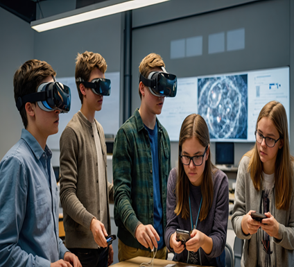Five teenagers in a classroom environment using virtual reality headsets and handheld controllers, engaging in a tech learning activity.