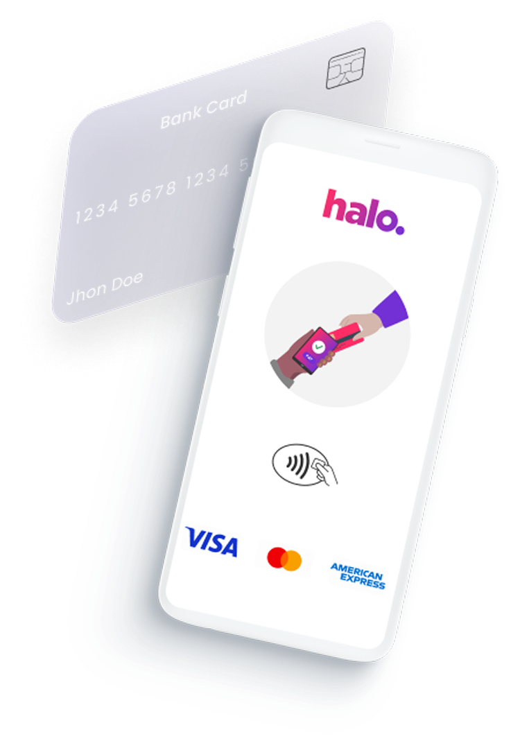 Smartphone displaying contactless payment with halo app, positioned in front of a bank card with the name Jhon Doe; logos of Visa, Mastercard, and American Express visible.