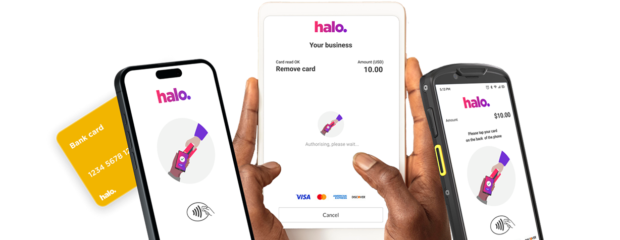 Three devices displaying the Halo payment app with a yellow bank card shown behind one phone and a hand holding a tablet showing a $10.00 transaction.