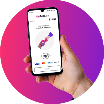 Hand holding a smartphone displaying a payment screen for Halo Go, showing $10.00 amount and contactless card payment options with Visa, Mastercard, American Express, and Discover logos.