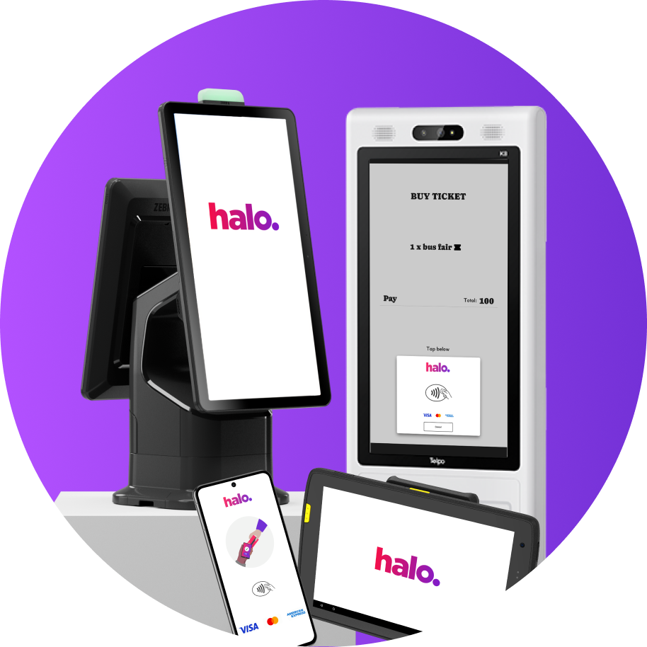 Various digital payment devices with screens displaying the logo 'halo.' and a bus ticket purchase interface.