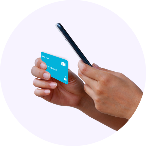 Halo Dot Tap on Own Device. Hands holding a blue bank card and a smartphone with white background.