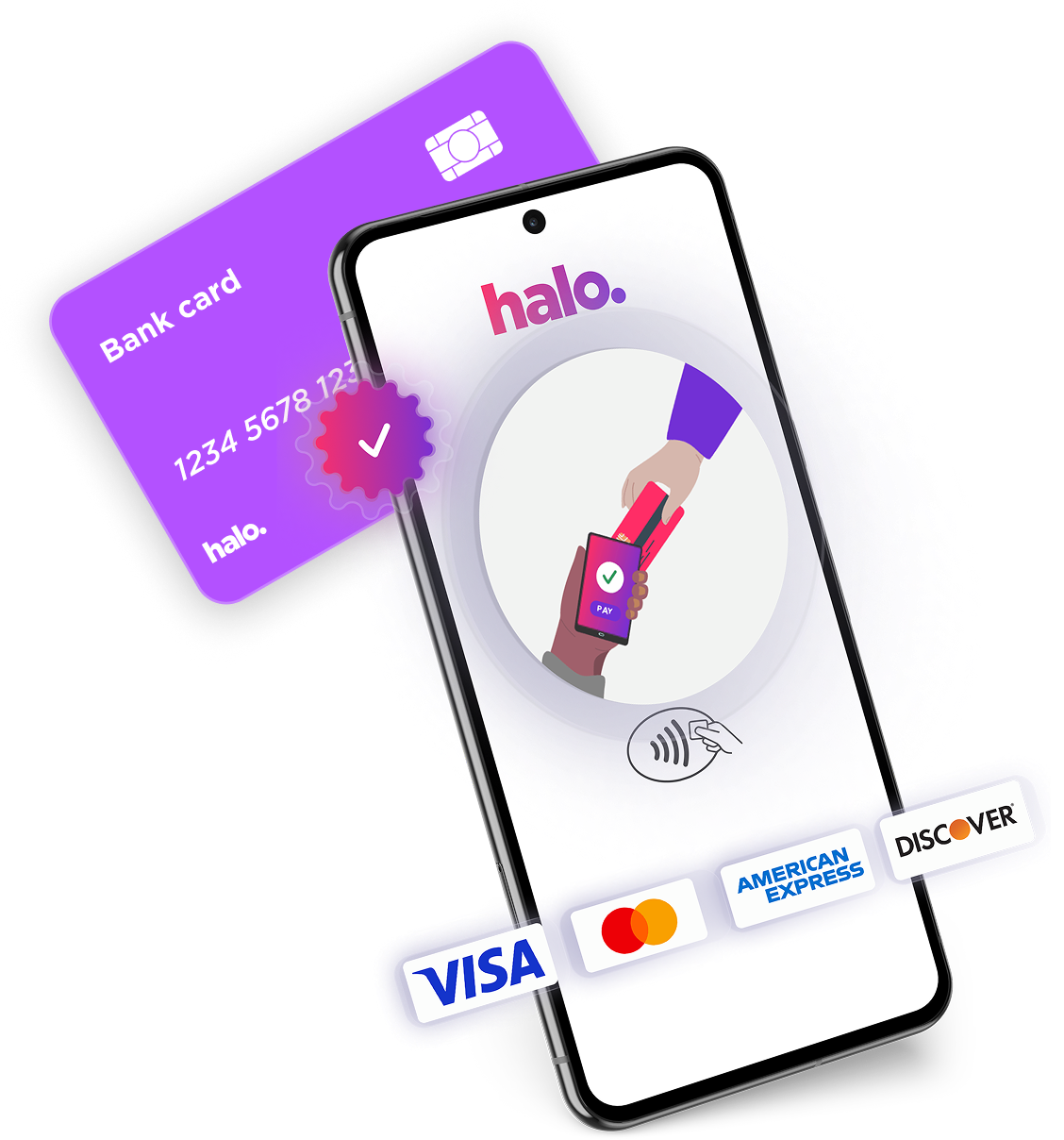 Smartphone displaying the halo app with a digital payment illustration, alongside a purple halo bank card and logos for Visa, Mastercard, American Express, and Discover.