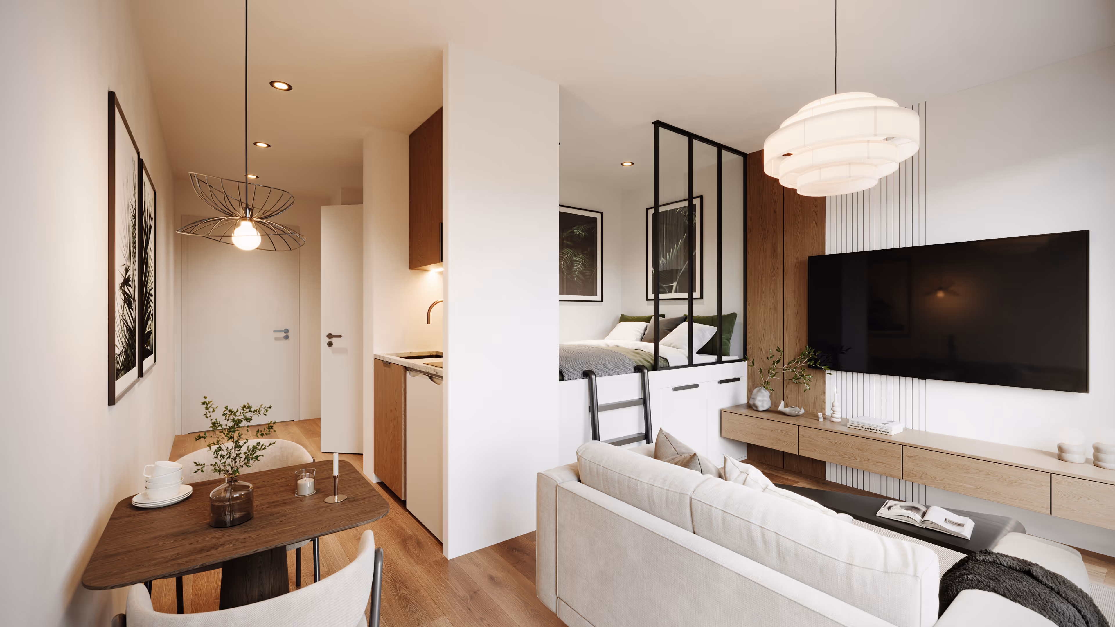 Modern small apartment with dining table, kitchenette, elevated bed with black grid partition, and beige sofa facing wall-mounted TV.