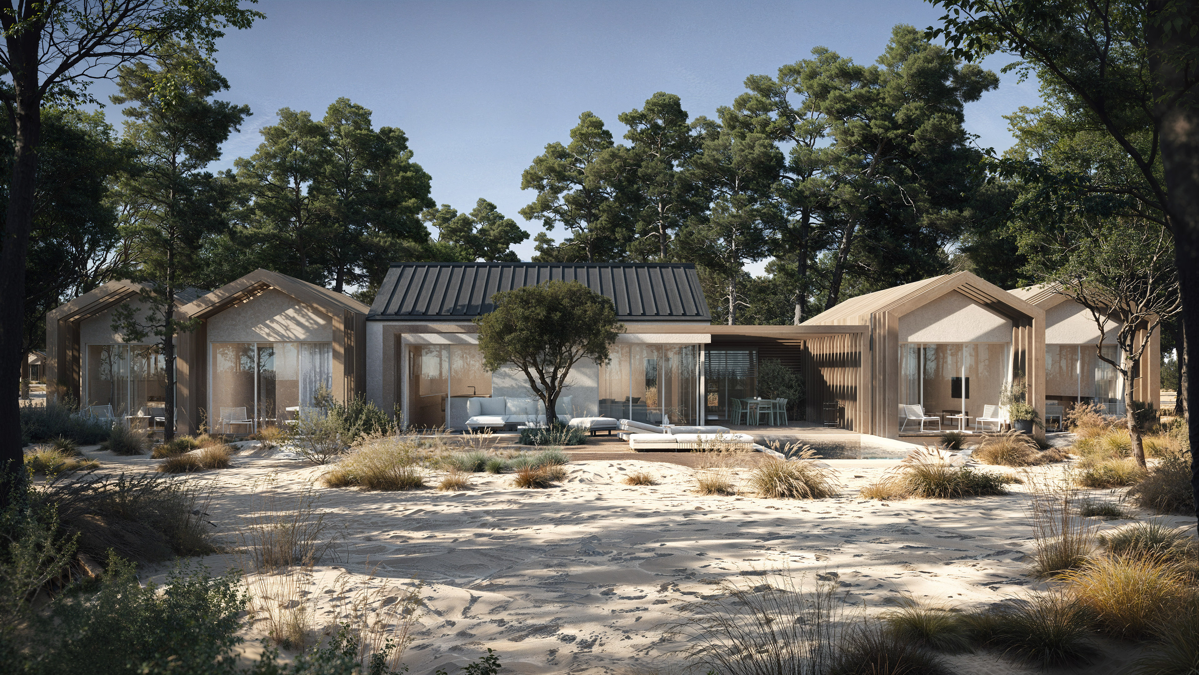 Modern beach house with multiple connected sections, surrounded by sandy terrain and tall pine trees under a clear sky.