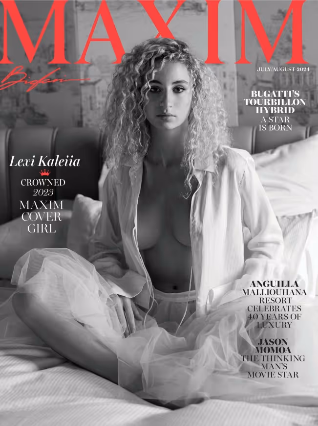 Black and white Maxim magazine cover featuring Lexi Kaleiia sitting cross-legged on a bed wearing an open shirt and tulle skirt, with headlines about Bugatti, Anguilla Malliouhana, and Jason Momoa.