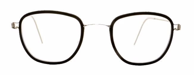 Black rectangular eyeglasses with thin metal bridge and clear lenses.