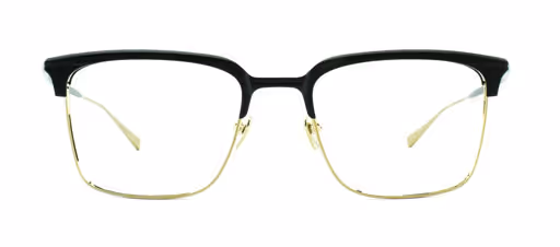 Rectangular eyeglasses with black upper frame and gold lower frame and temples.
