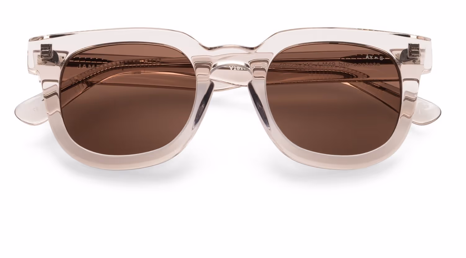 Transparent light brown framed sunglasses with dark brown tinted lenses.