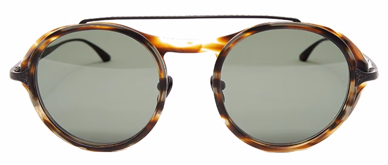 Round sunglasses with tortoiseshell frame and green tinted lenses.
