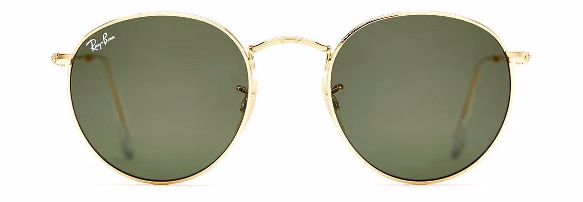 Round Ray-Ban sunglasses with gold metal frames and green lenses.