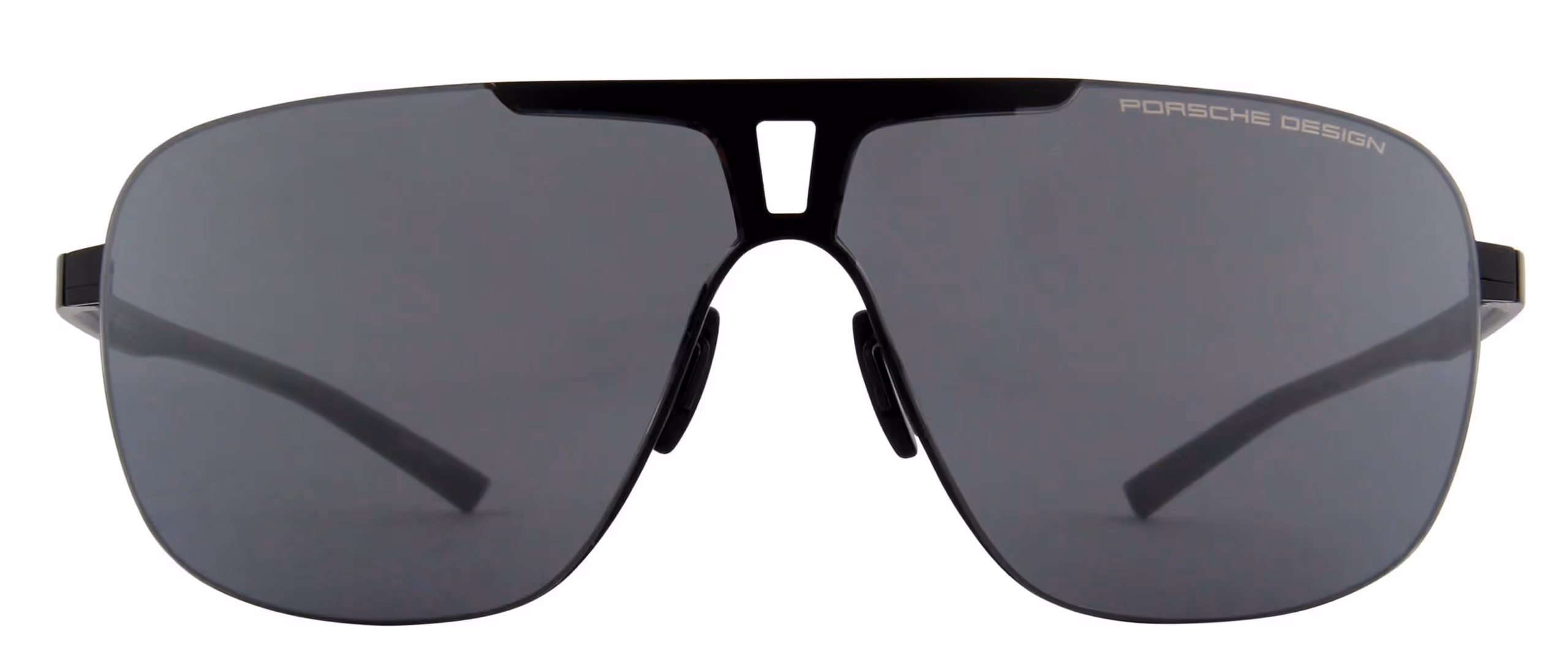 Black Porsche Design sunglasses with large rectangular dark lenses and thin frame.