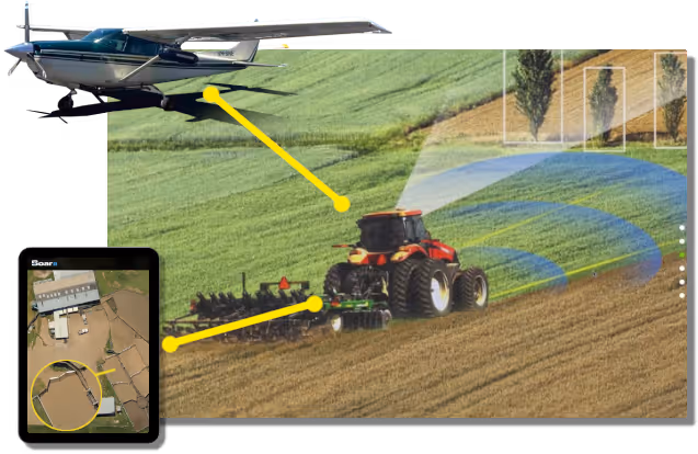Aerial view of a red tractor working on a field with an aircraft flying above and a tablet displaying a farm mapping app.