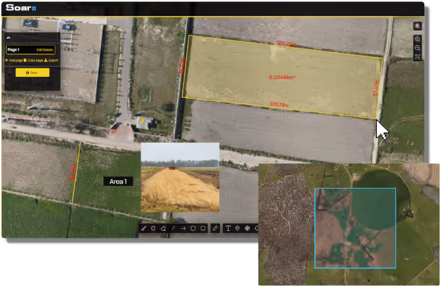 Aerial map view of agricultural fields marked with yellow boundary measurements and area size, showing a rectangular plot of 0.0046 km² labeled with lengths around it, with inset images of farm machinery and field patterns.