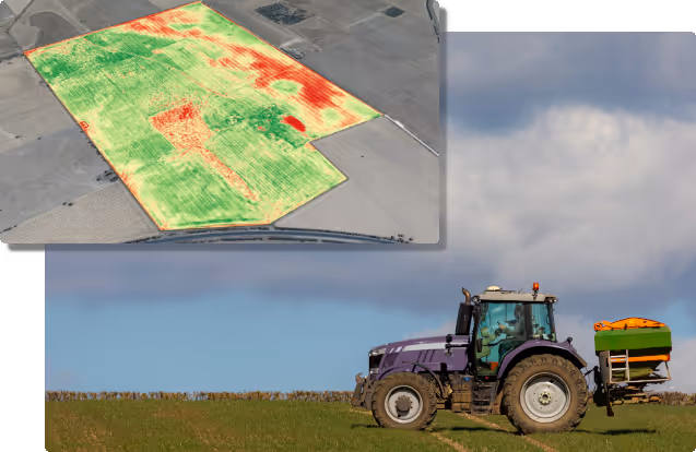 Purple tractor with green and orange equipment working on a green field under a cloudy sky, inset aerial image showing a field map with green and red zones.