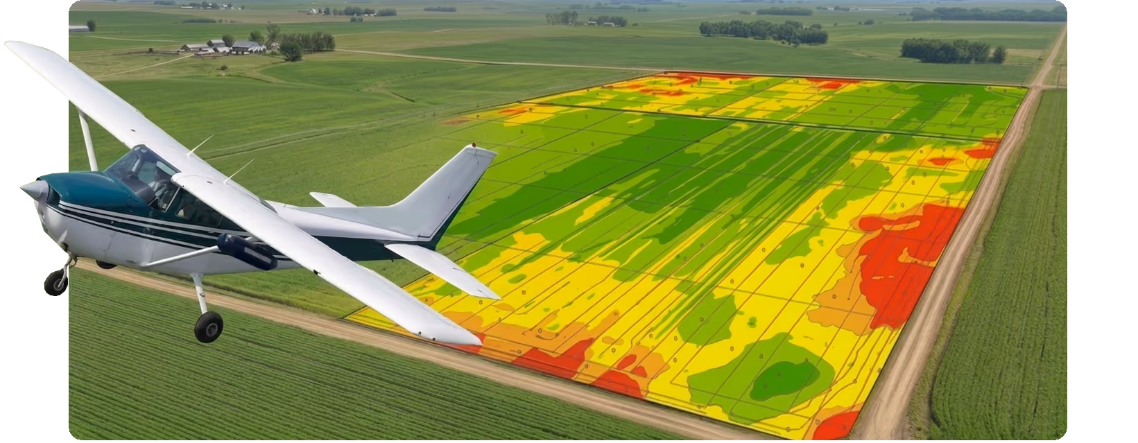 Aerial view of a red tractor working on a field with an aircraft flying above and a tablet displaying a farm mapping app.