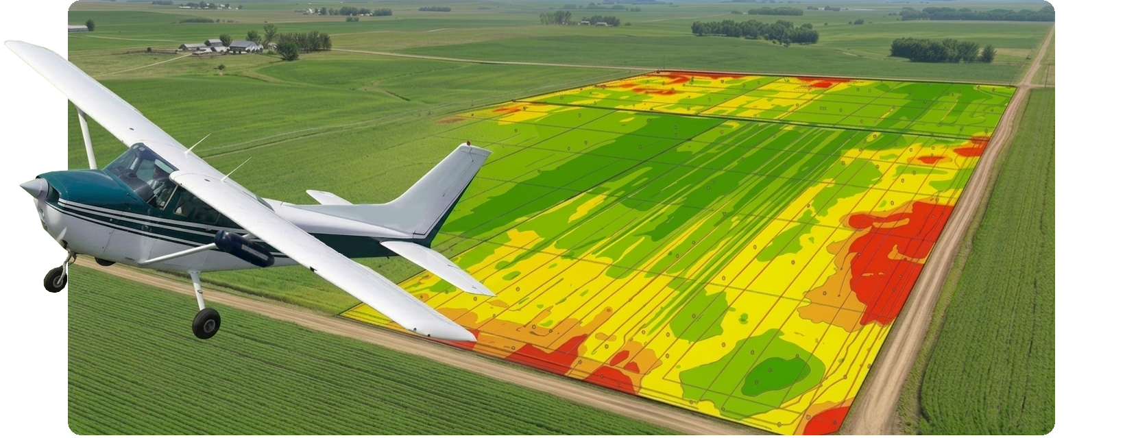 Aerial view of a red tractor working on a field with an aircraft flying above and a tablet displaying a farm mapping app.