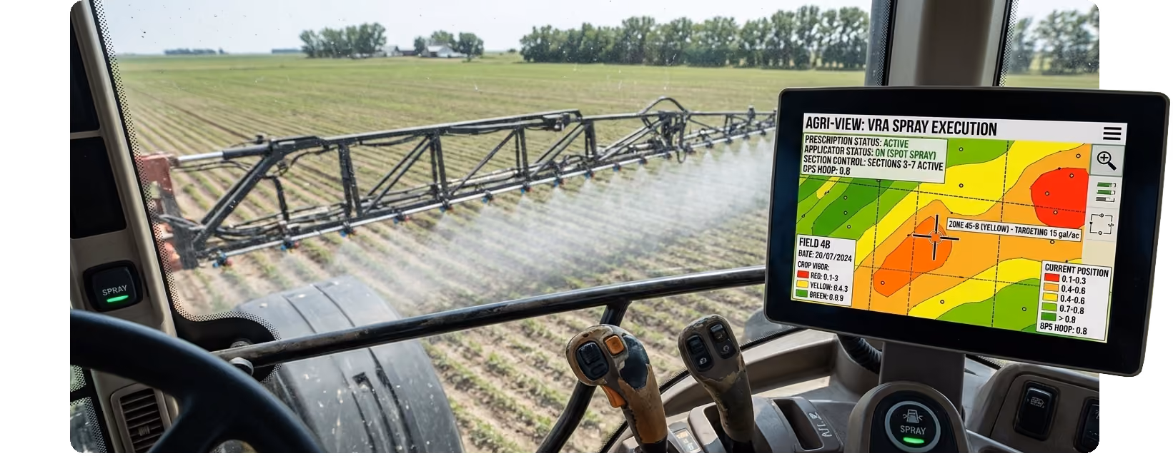 Aerial view of a red tractor working on a field with an aircraft flying above and a tablet displaying a farm mapping app.
