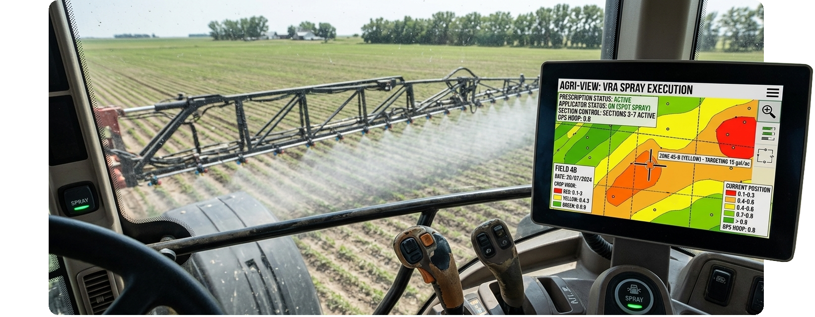Aerial view of a red tractor working on a field with an aircraft flying above and a tablet displaying a farm mapping app.