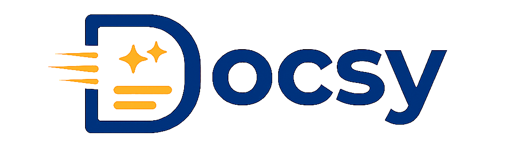 Logo di Docsy con una D stilizzata con linee e stelle che simboleggiano velocità e brillantezza accanto al testo scritto Docsy.