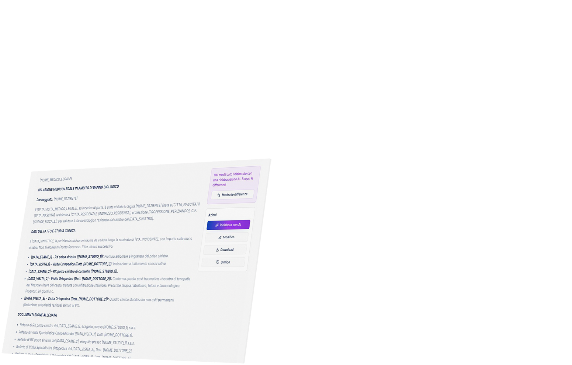 Schermata di un rapporto medico-legale in italiano con dettagli su danno biologico, dati clinici, e pulsanti per modificare o rielaborare con AI.